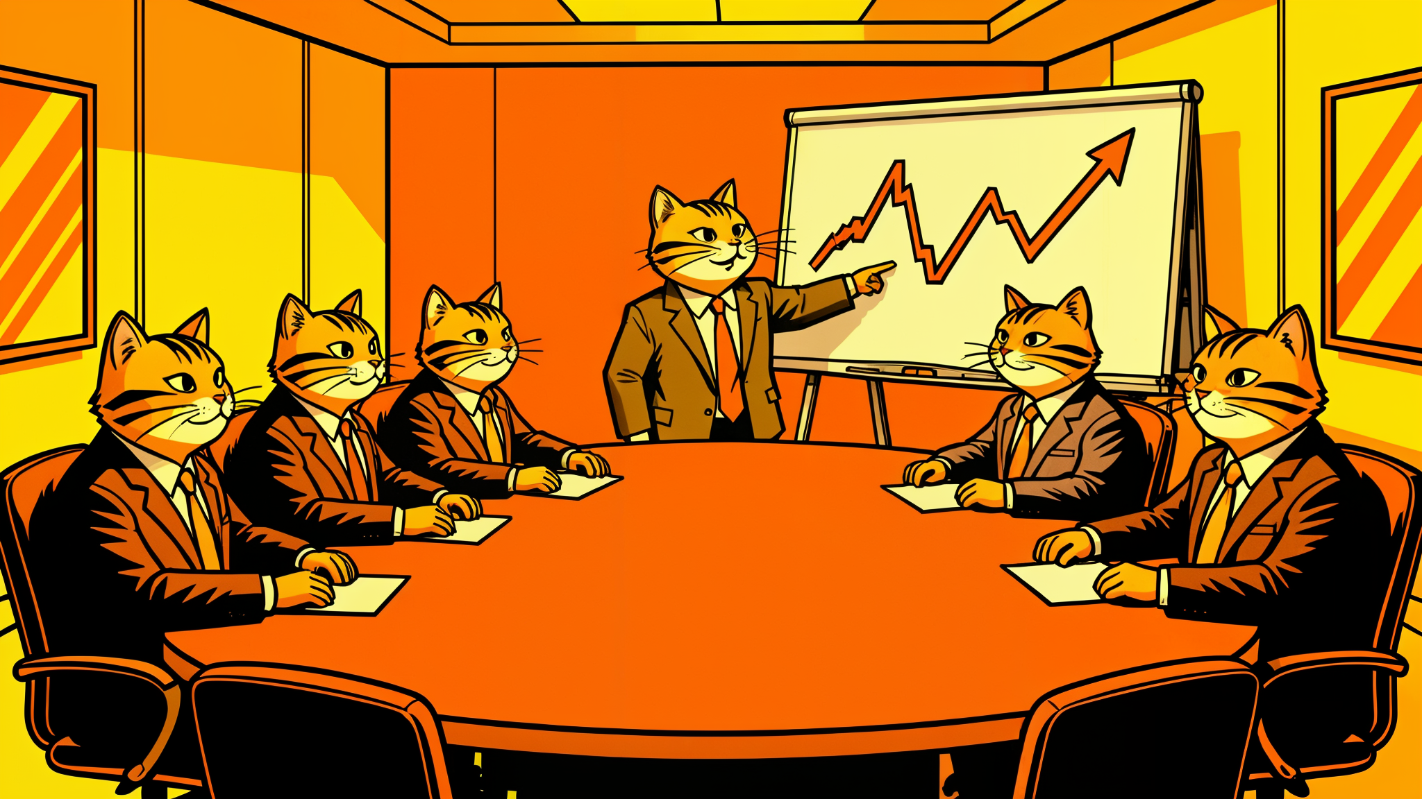 Cats wearing business suits at corporate boardroom, satirical illustration