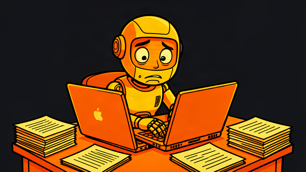 Sad AI robot sitting outside an unemployment office, satirical illustration