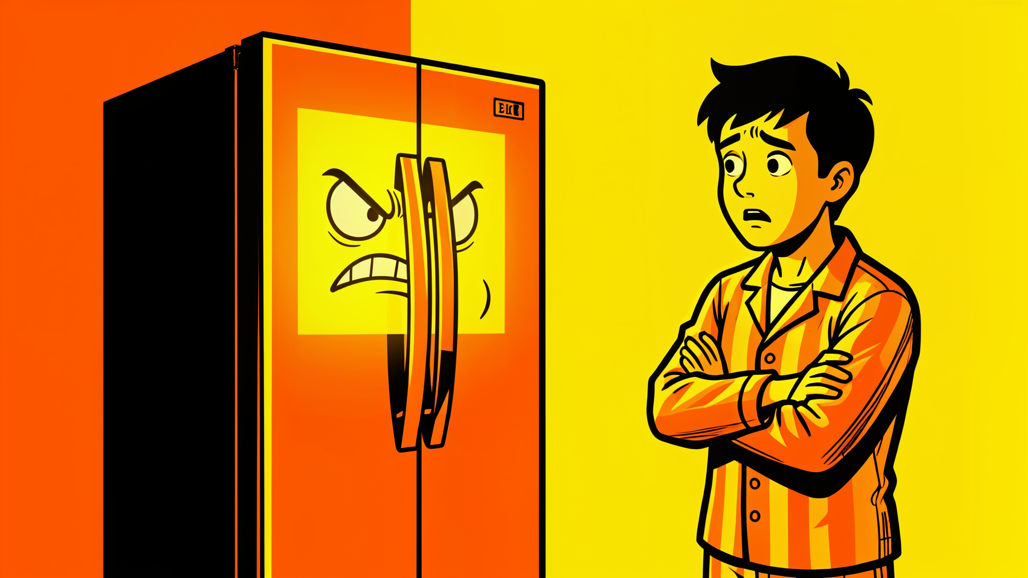 Angry smart refrigerator refusing to open door, satirical illustration